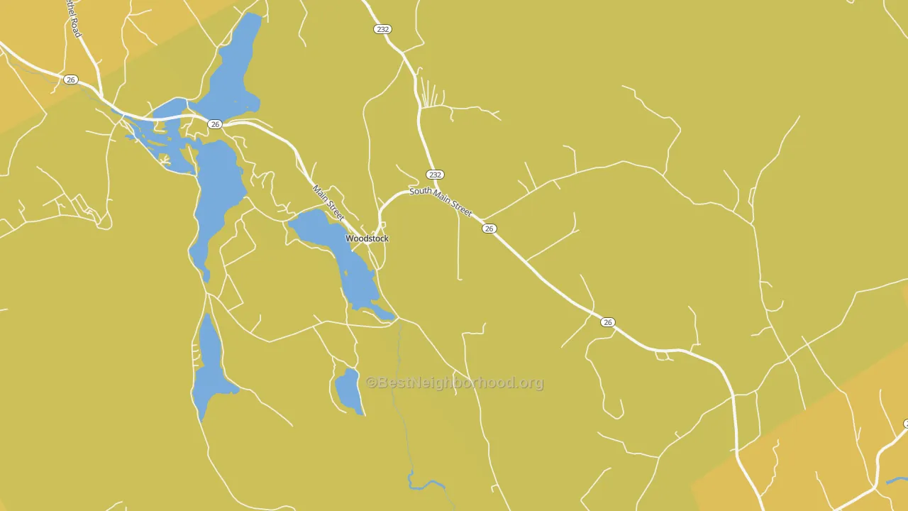 Map of the best neighborhoods in the Bryant Pond area, with better matches in green and worse matches in red