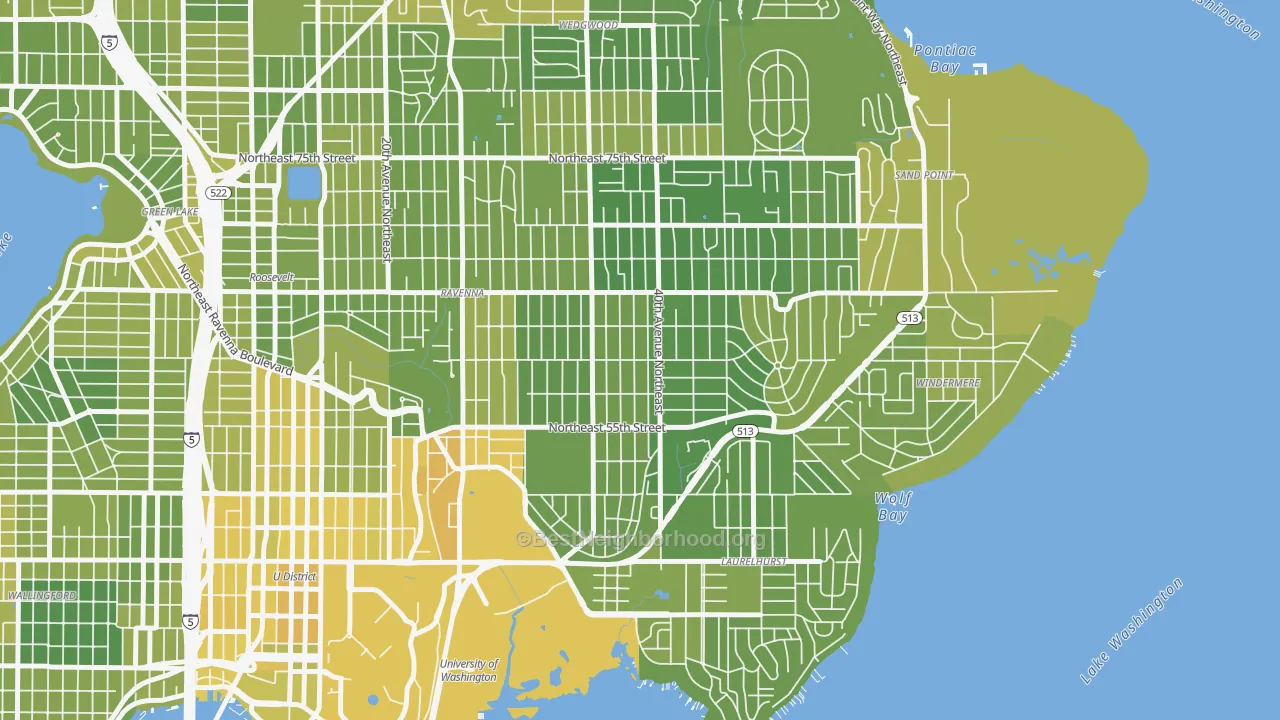 Map of the best neighborhoods in the Bryant, Seattle area, with better matches in green and worse matches in red