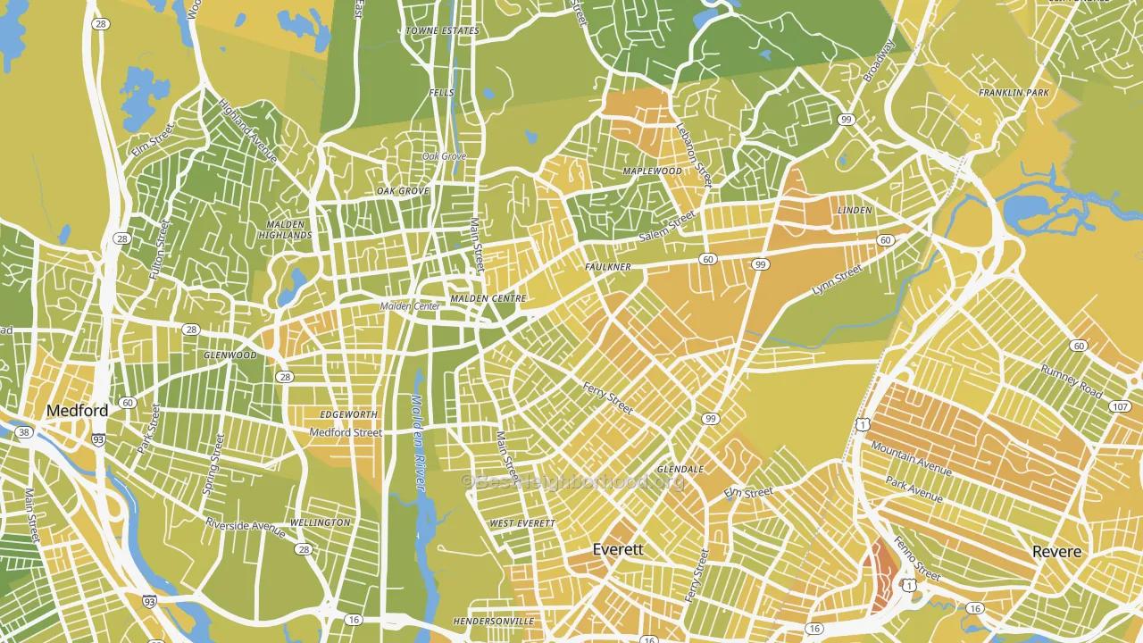 Map of the best neighborhoods in the Bryant Terrace, Malden area, with better matches in green and worse matches in red