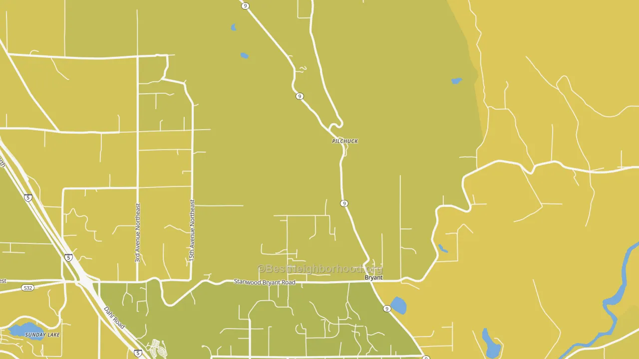 Map of the best neighborhoods in the Bryant area, with better matches in green and worse matches in red
