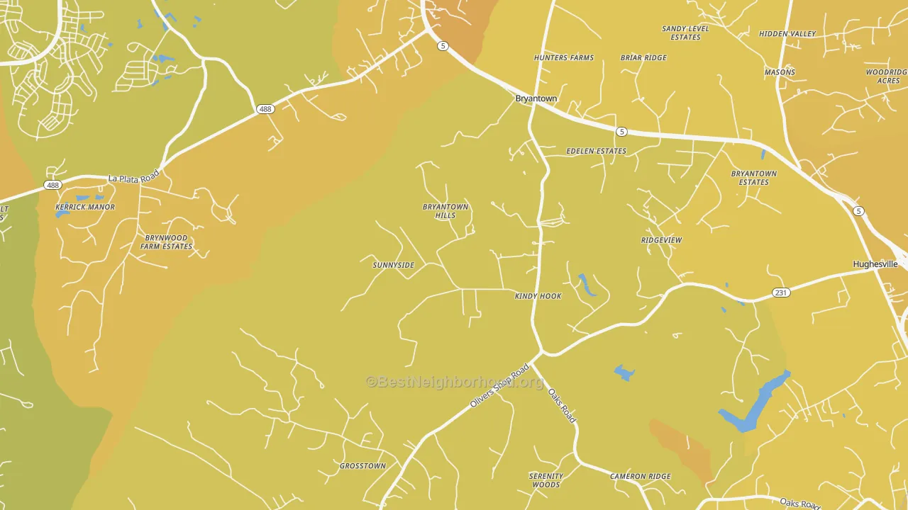 Map of the best neighborhoods in the Bryantown area, with better matches in green and worse matches in red