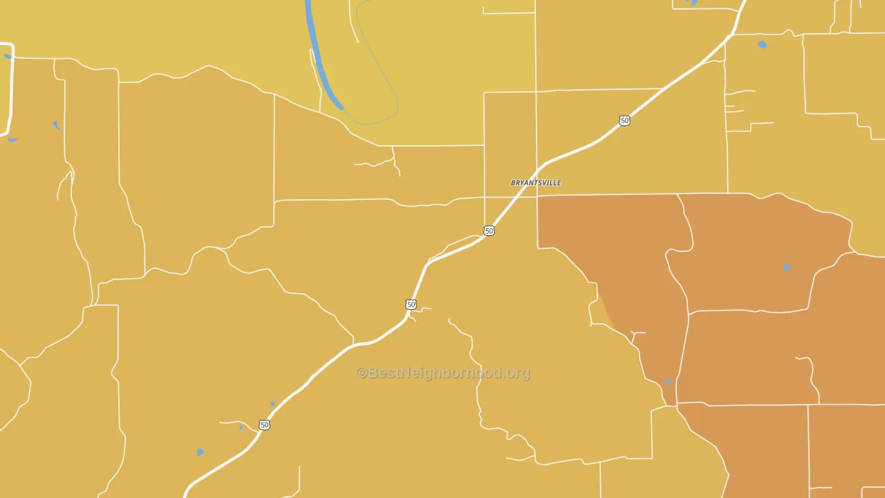 Map of the best neighborhoods in the Bryantsville area, with better matches in green and worse matches in red