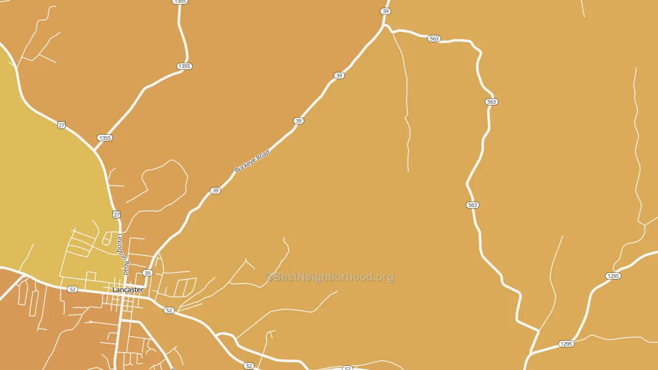 Map of the best neighborhoods in the Bryantsville area, with better matches in green and worse matches in red
