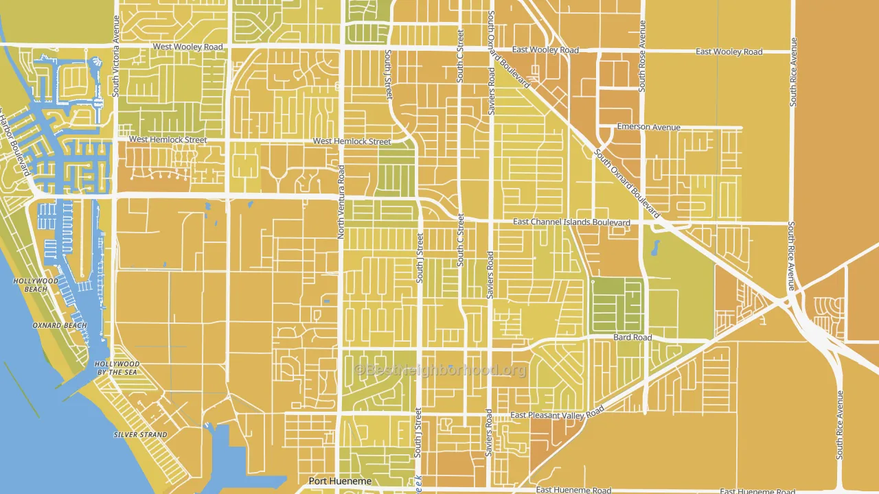 Map of the best neighborhoods in the Bryce Canyon North, Oxnard area, with better matches in green and worse matches in red