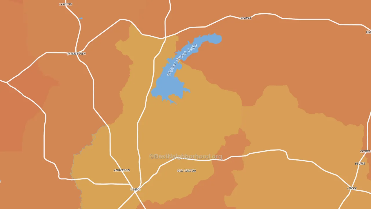 Map of the best neighborhoods in the Bryceland area, with better matches in green and worse matches in red
