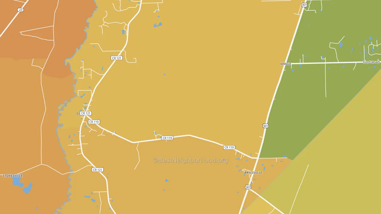 Map of the best neighborhoods in the Bryceville area, with better matches in green and worse matches in red