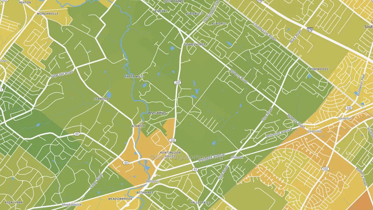 Map of the best neighborhoods in the Bryn Athyn area, with better matches in green and worse matches in red