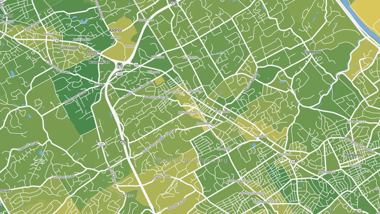 Map of the best neighborhoods in the Bryn Mawr area, with better matches in green and worse matches in red