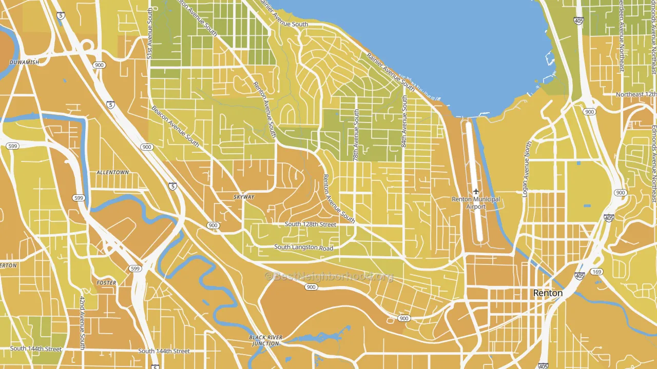 Map of the best neighborhoods in the Bryn Mawr-Skyway area, with better matches in green and worse matches in red