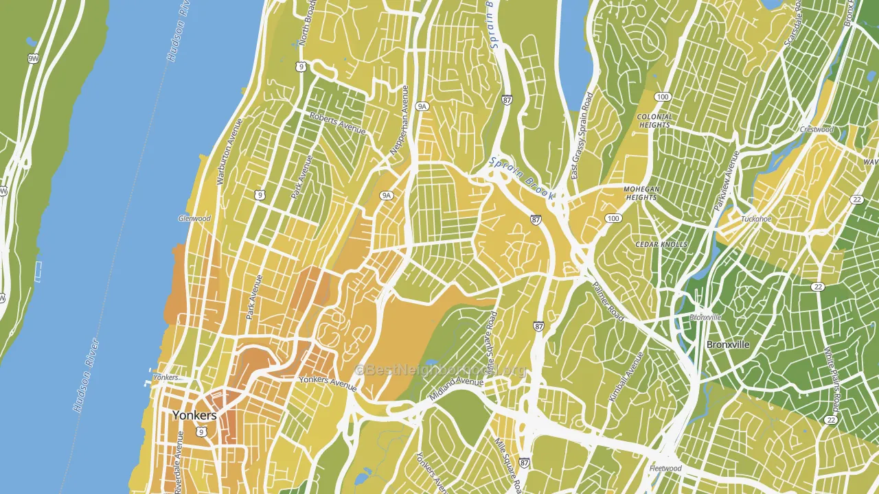 Map of the best neighborhoods in the Bryn Mawr, Yonkers area, with better matches in green and worse matches in red