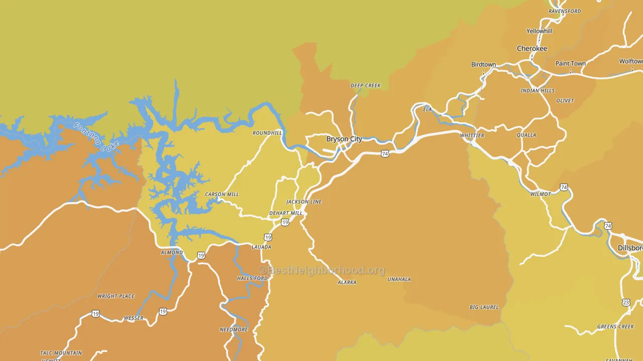 Map of the best neighborhoods in the Bryson City area, with better matches in green and worse matches in red