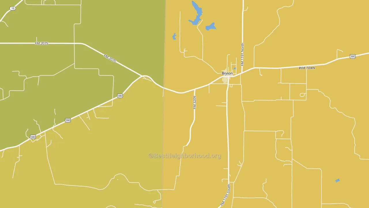 Map of the best neighborhoods in the Bryson area, with better matches in green and worse matches in red