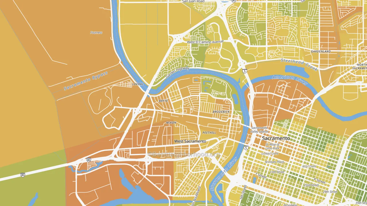 Map of the best neighborhoods in the Bryte, West Sacramento area, with better matches in green and worse matches in red