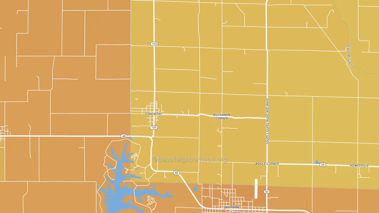 Map of the best neighborhoods in the Buchanan Corner area, with better matches in green and worse matches in red