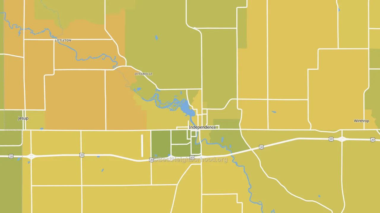 Map of the best neighborhoods in the Buchanan County area, with better matches in green and worse matches in red