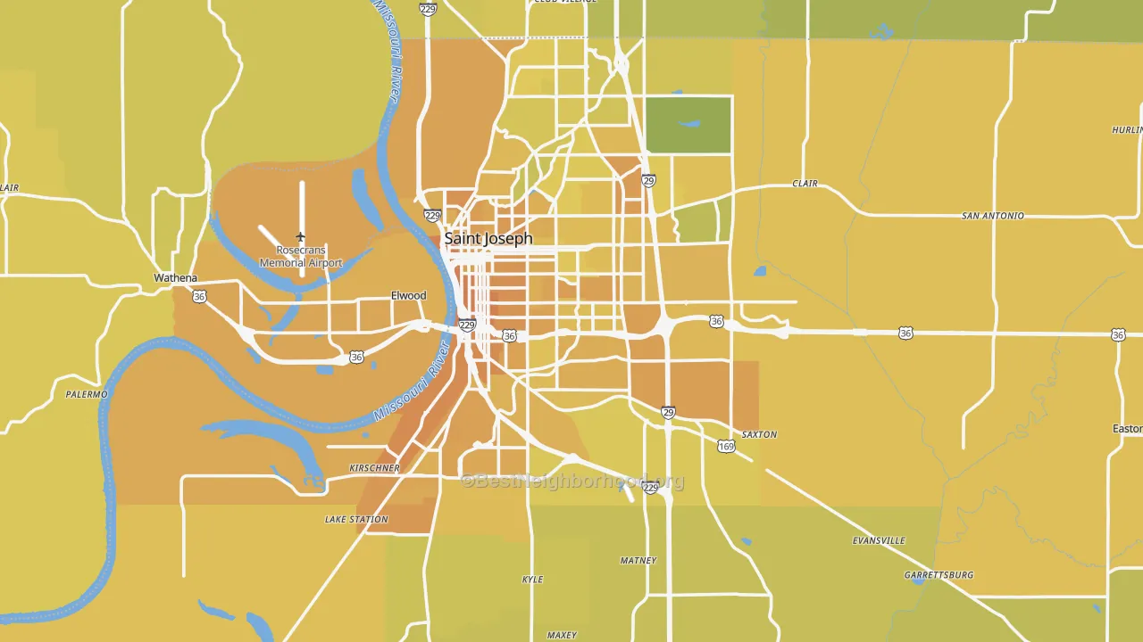 Map of the best neighborhoods in the Buchanan County area, with better matches in green and worse matches in red
