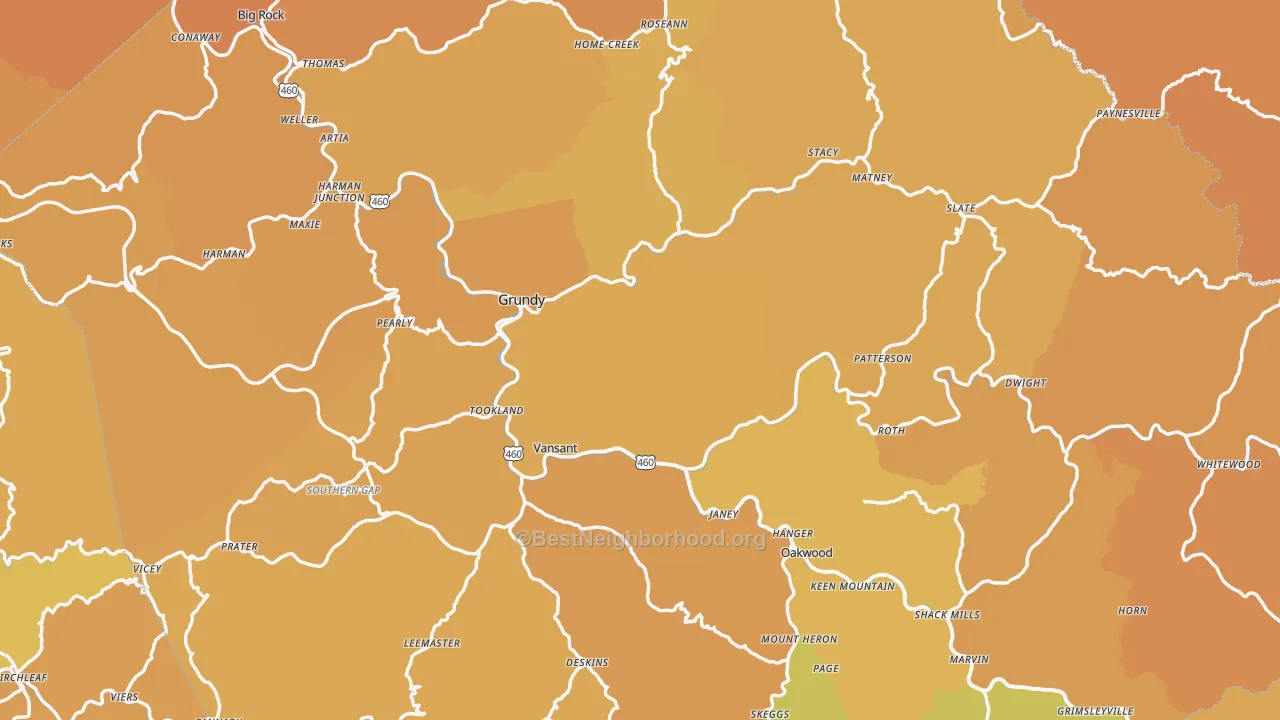 Map of the best neighborhoods in the Buchanan County area, with better matches in green and worse matches in red