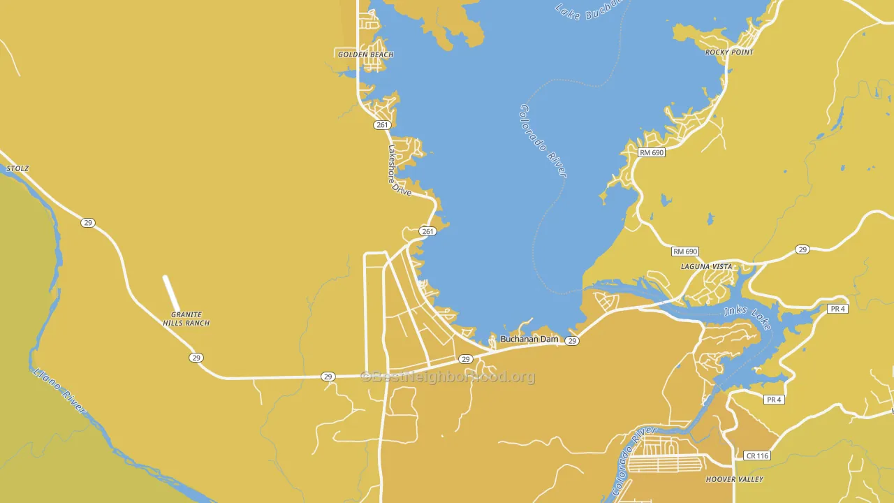 Map of the best neighborhoods in the Buchanan Dam area, with better matches in green and worse matches in red
