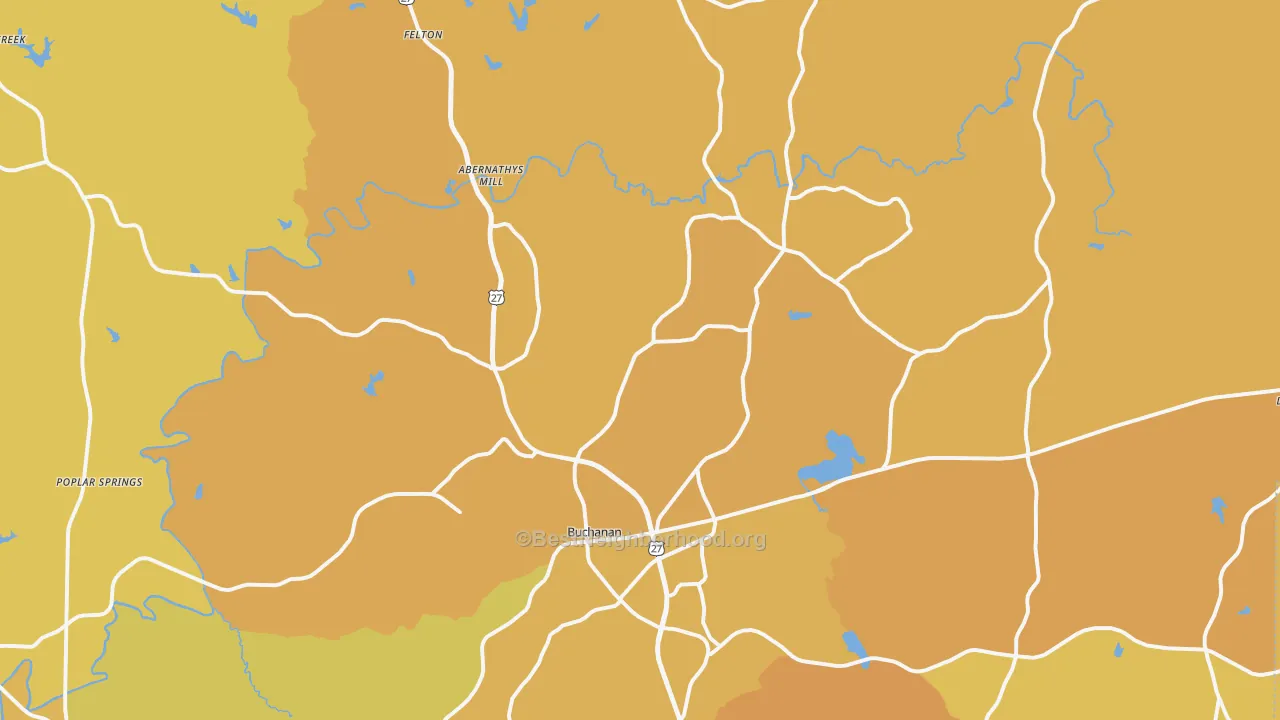 Map of the best neighborhoods in the Buchanan area, with better matches in green and worse matches in red