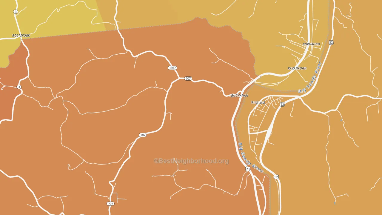Map of the best neighborhoods in the Buchanan area, with better matches in green and worse matches in red