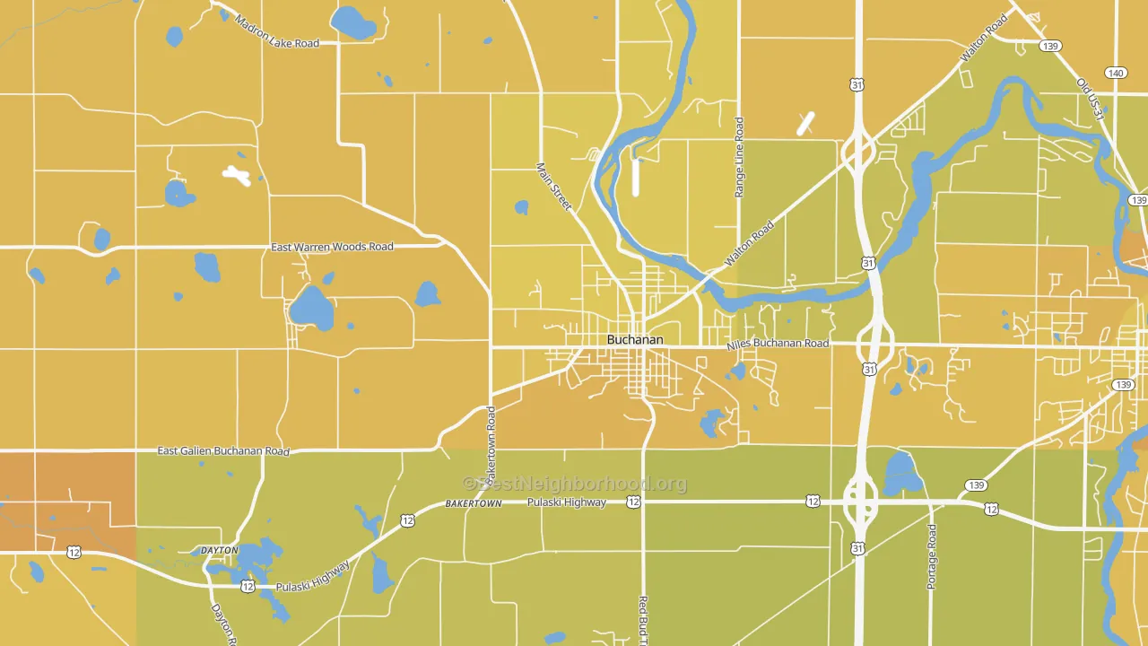 Map of the best neighborhoods in the Buchanan area, with better matches in green and worse matches in red