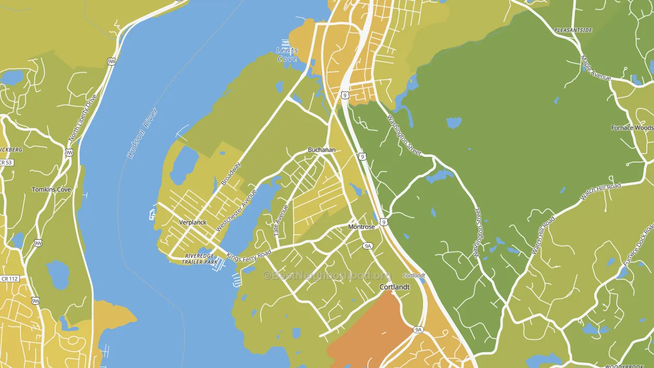 Map of the best neighborhoods in the Buchanan area, with better matches in green and worse matches in red