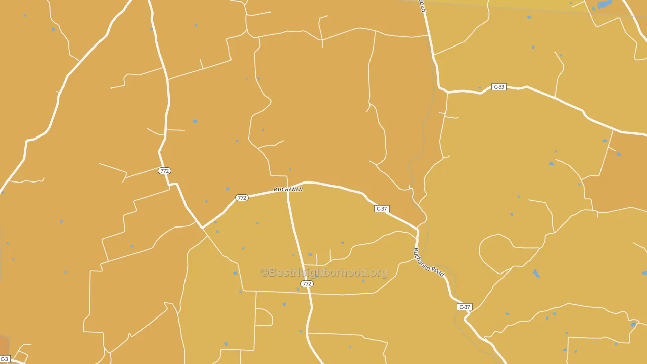 Map of the best neighborhoods in the Buchanan area, with better matches in green and worse matches in red