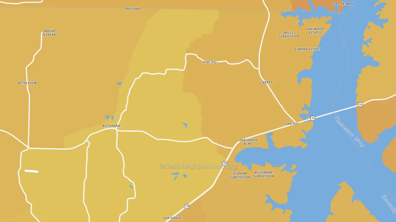 Map of the best neighborhoods in the Buchanan area, with better matches in green and worse matches in red