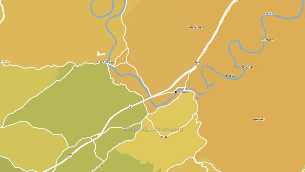 Map of the best neighborhoods in the Buchanan area, with better matches in green and worse matches in red