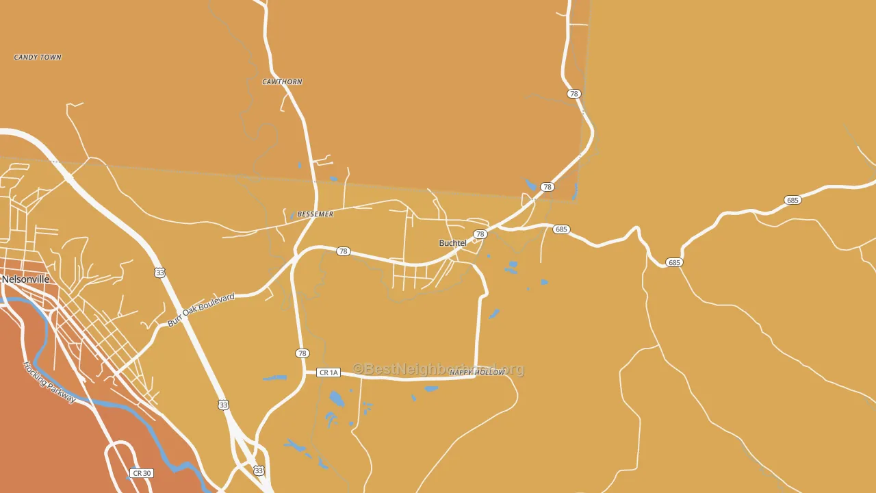 Map of the best neighborhoods in the Buchtel area, with better matches in green and worse matches in red