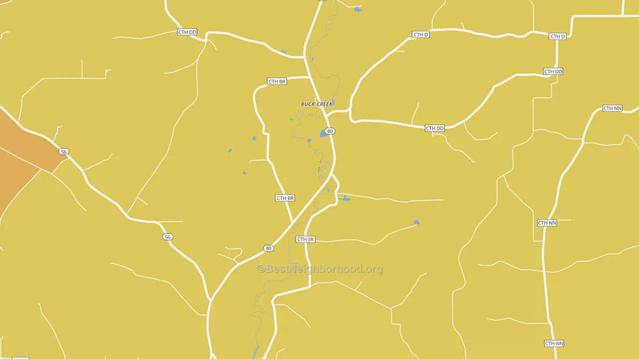 Map of the best neighborhoods in the Buck Creek area, with better matches in green and worse matches in red