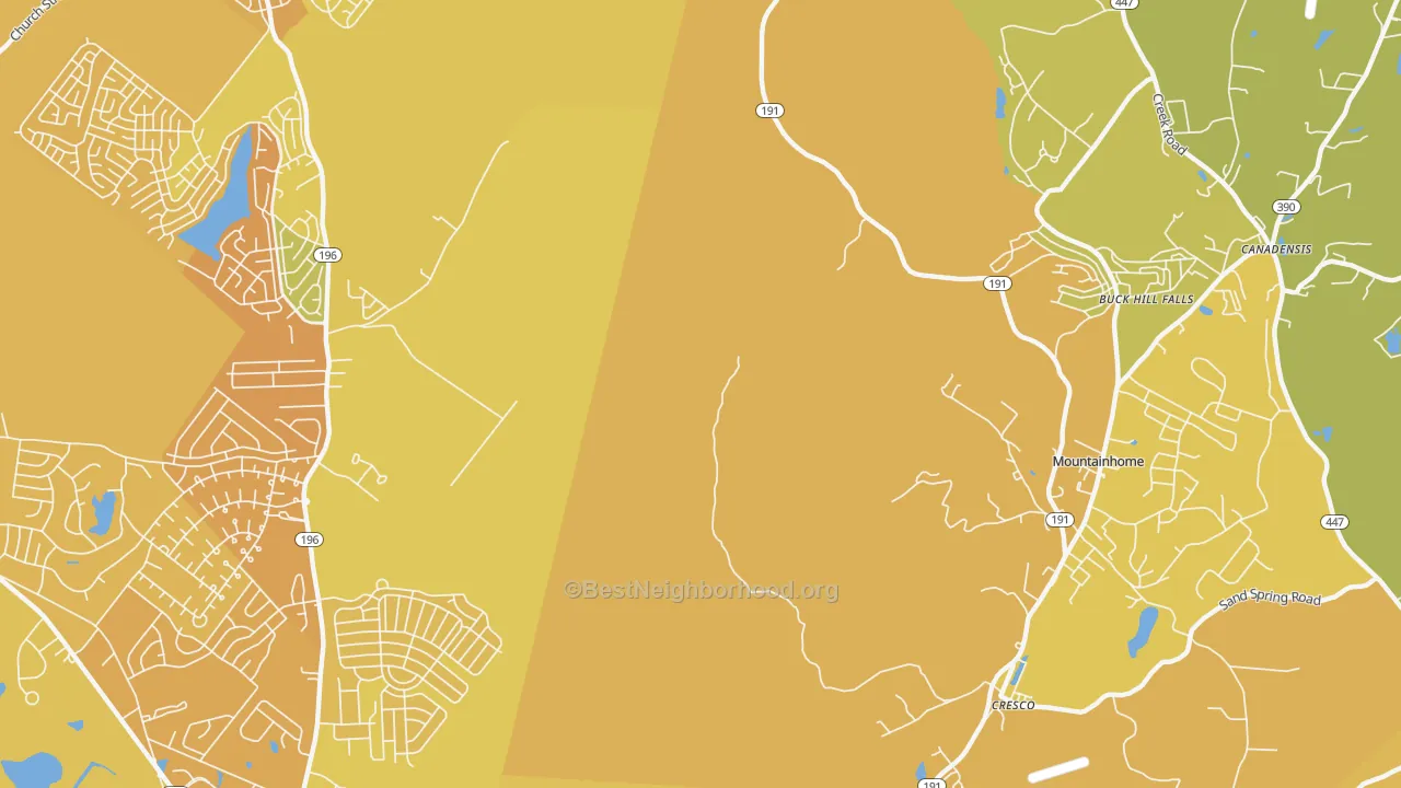 Map of the best neighborhoods in the Buck Hill Falls area, with better matches in green and worse matches in red