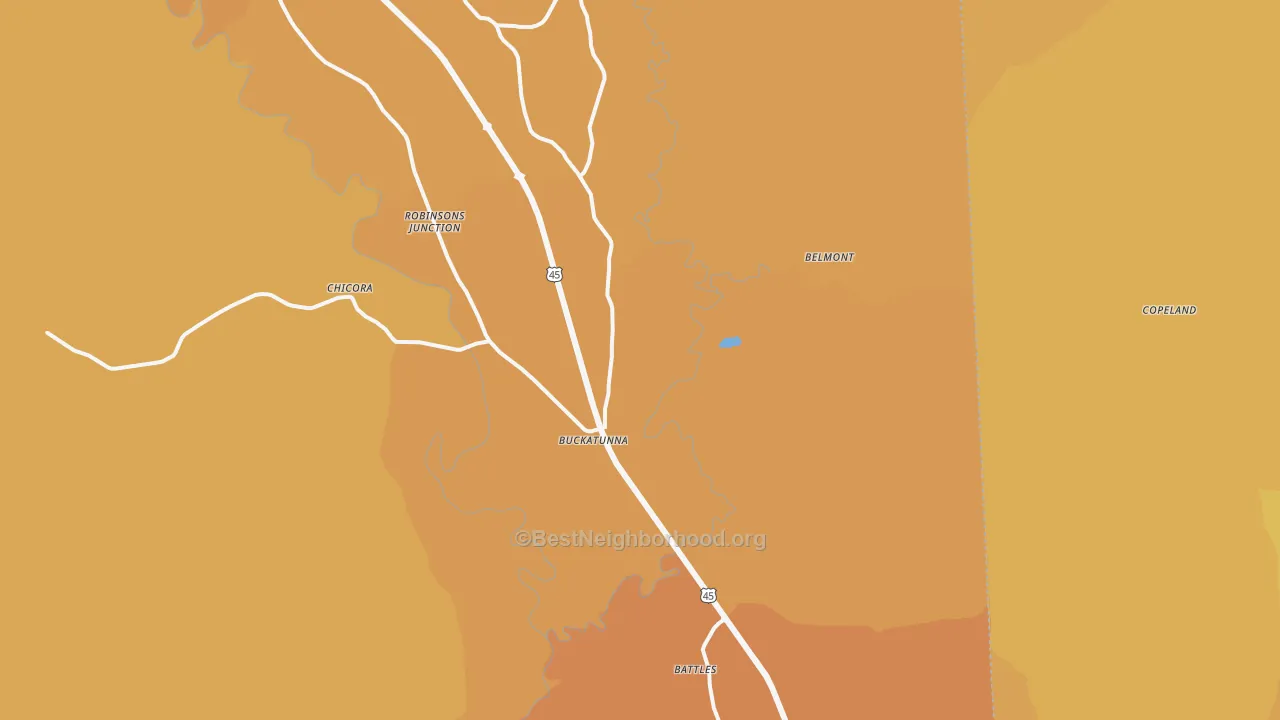 Map of the best neighborhoods in the Buckatunna area, with better matches in green and worse matches in red