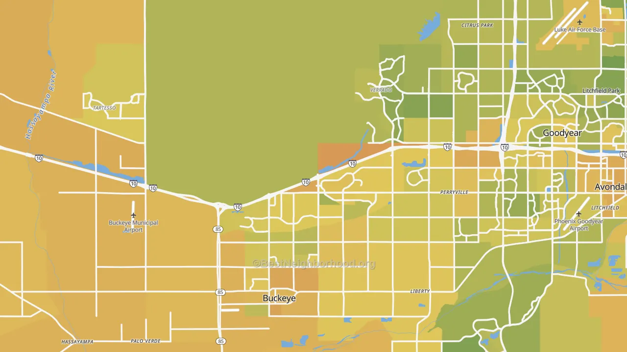 Map of the best neighborhoods in the Buckeye area, with better matches in green and worse matches in red