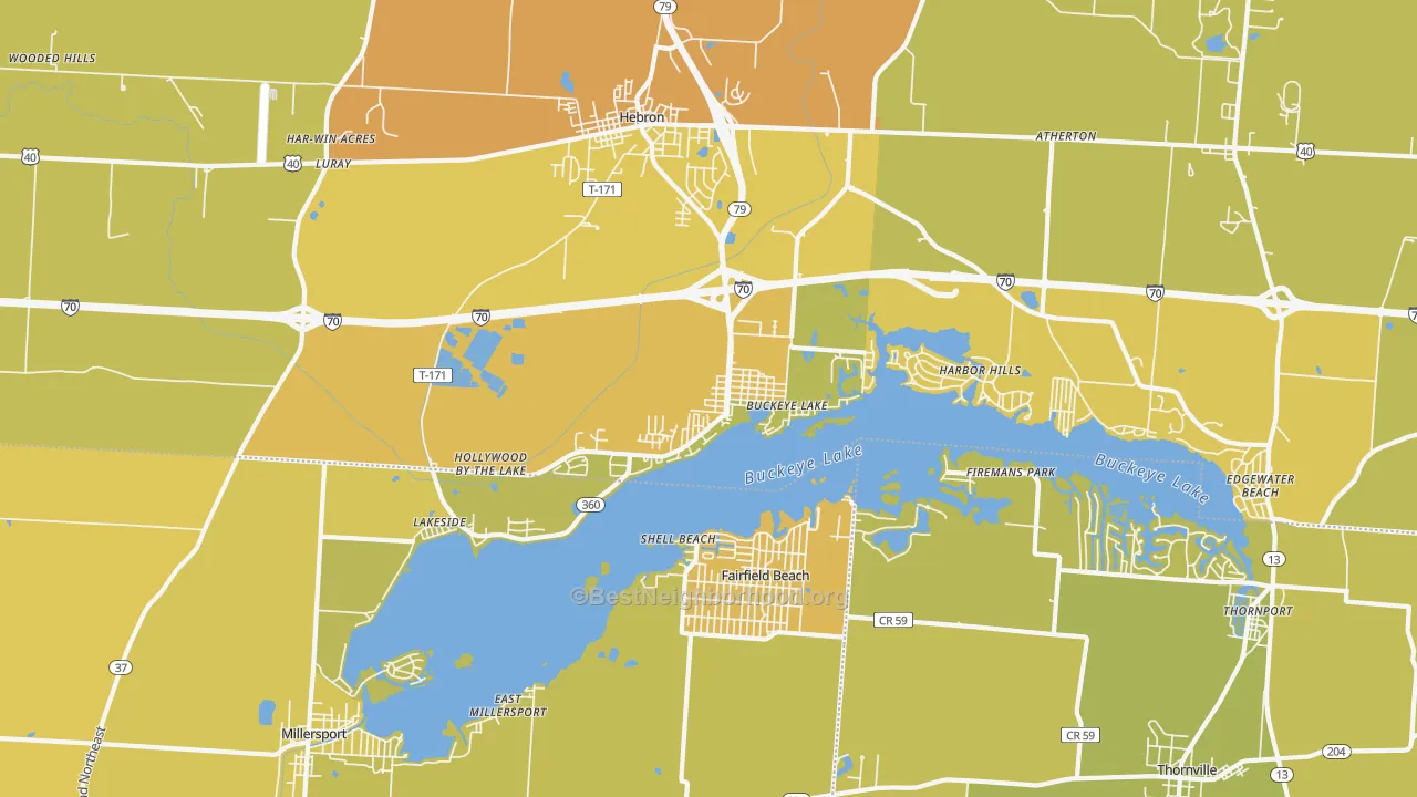 Map of the best neighborhoods in the Buckeye Lake area, with better matches in green and worse matches in red