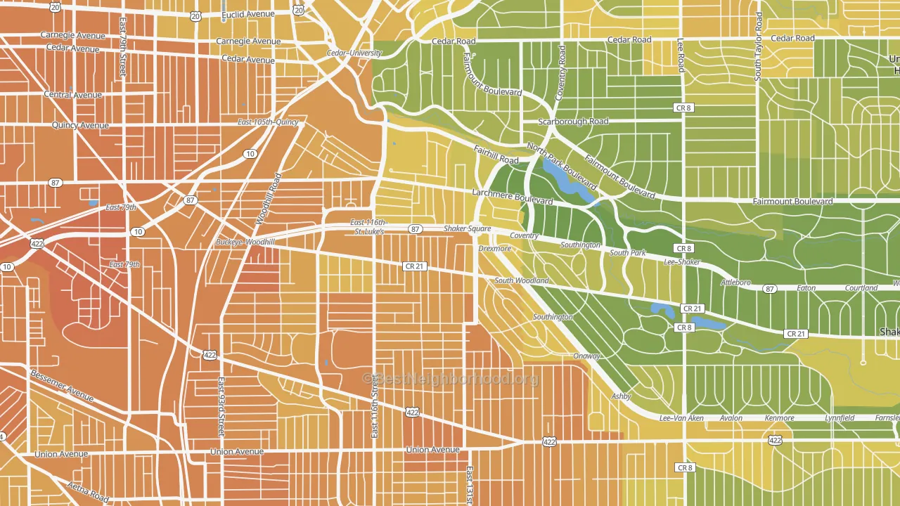 Map of the best neighborhoods in the Buckeye-Shaker, Cleveland area, with better matches in green and worse matches in red