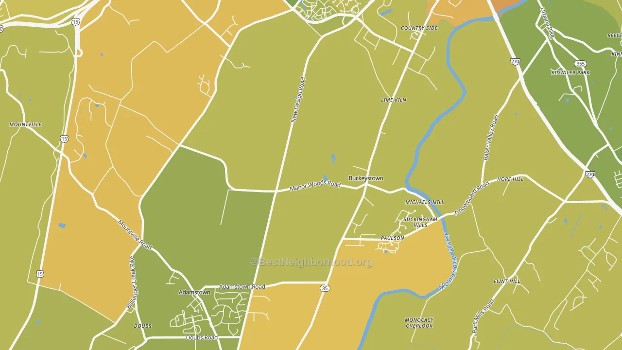 Map of the best neighborhoods in the Buckeystown area, with better matches in green and worse matches in red