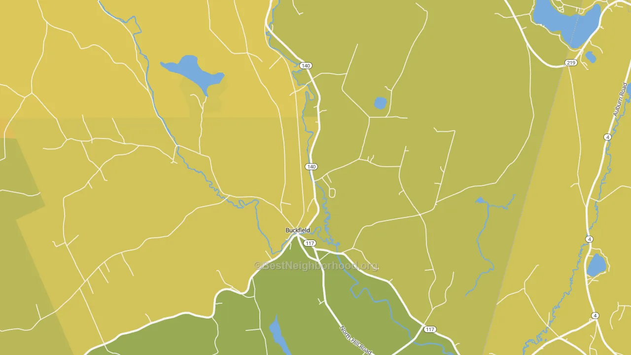 Map of the best neighborhoods in the Buckfield area, with better matches in green and worse matches in red