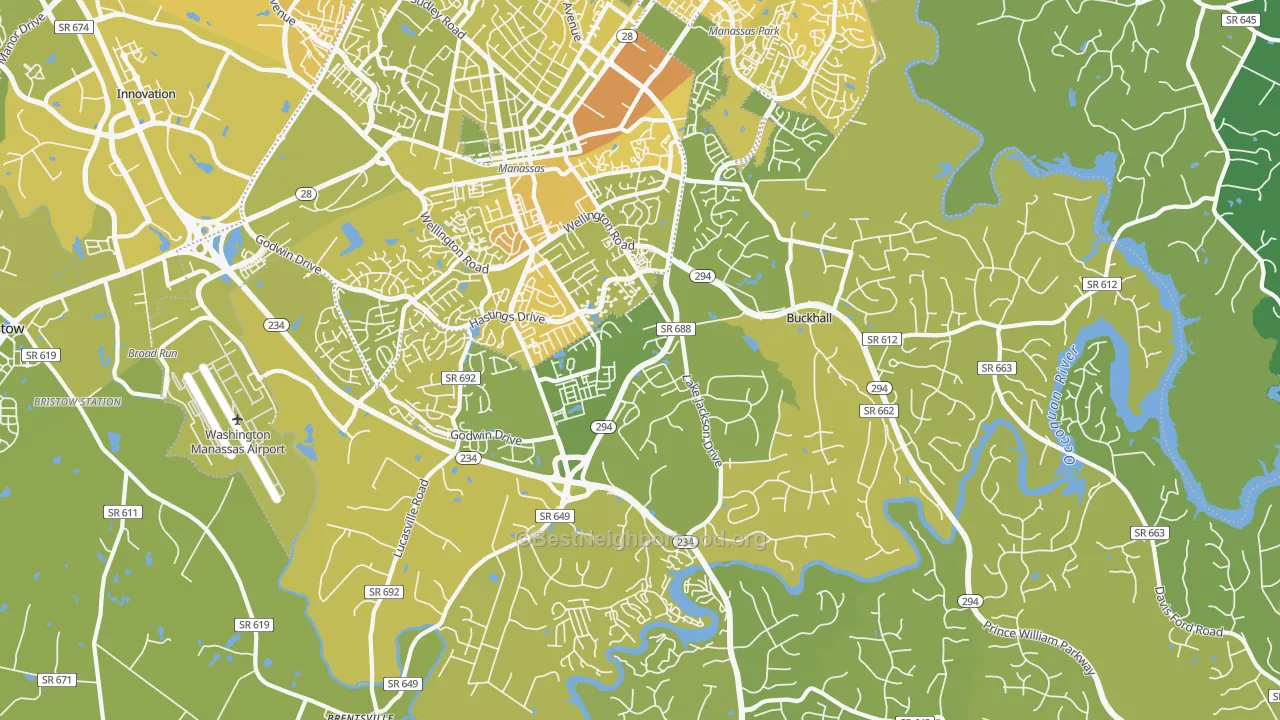 Map of the best neighborhoods in the Buckhall area, with better matches in green and worse matches in red