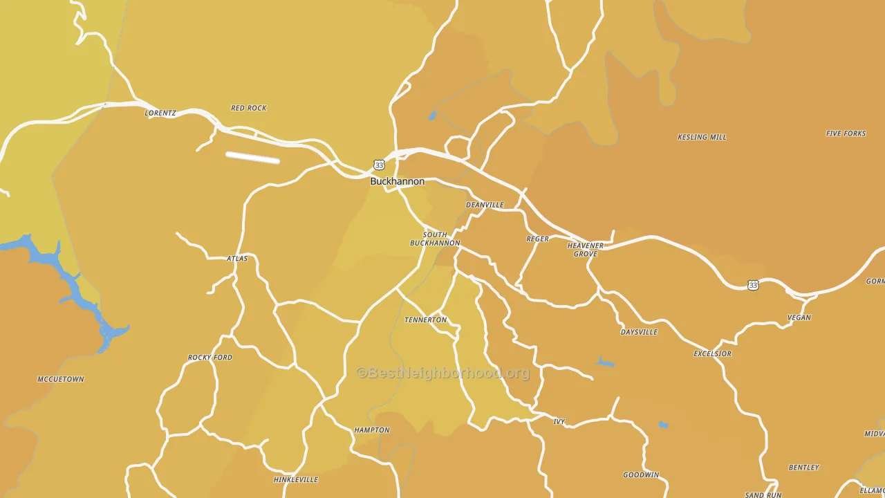 Map of the best neighborhoods in the Buckhannon area, with better matches in green and worse matches in red