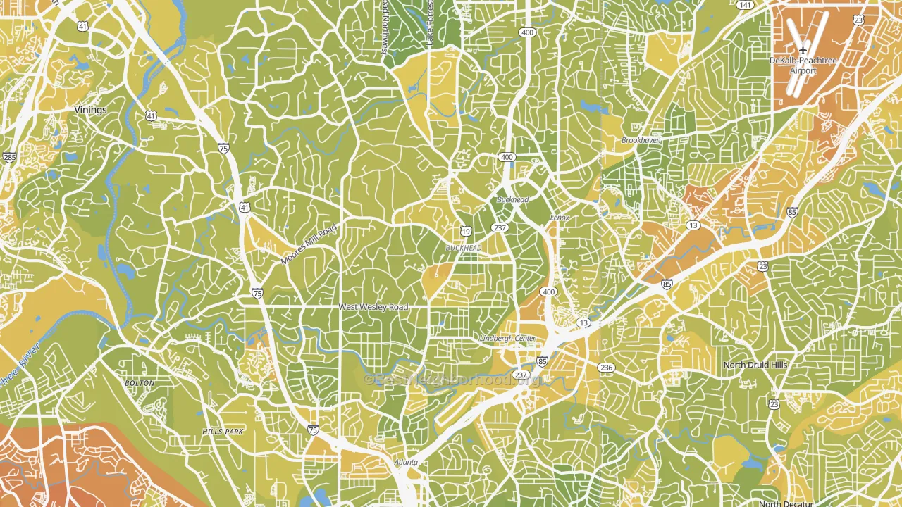 Map of the best neighborhoods in the Buckhead, Atlanta area, with better matches in green and worse matches in red