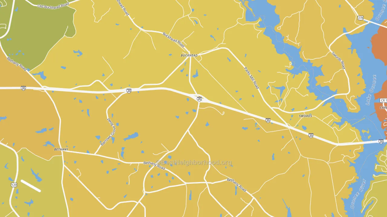 Map of the best neighborhoods in the Buckhead area, with better matches in green and worse matches in red