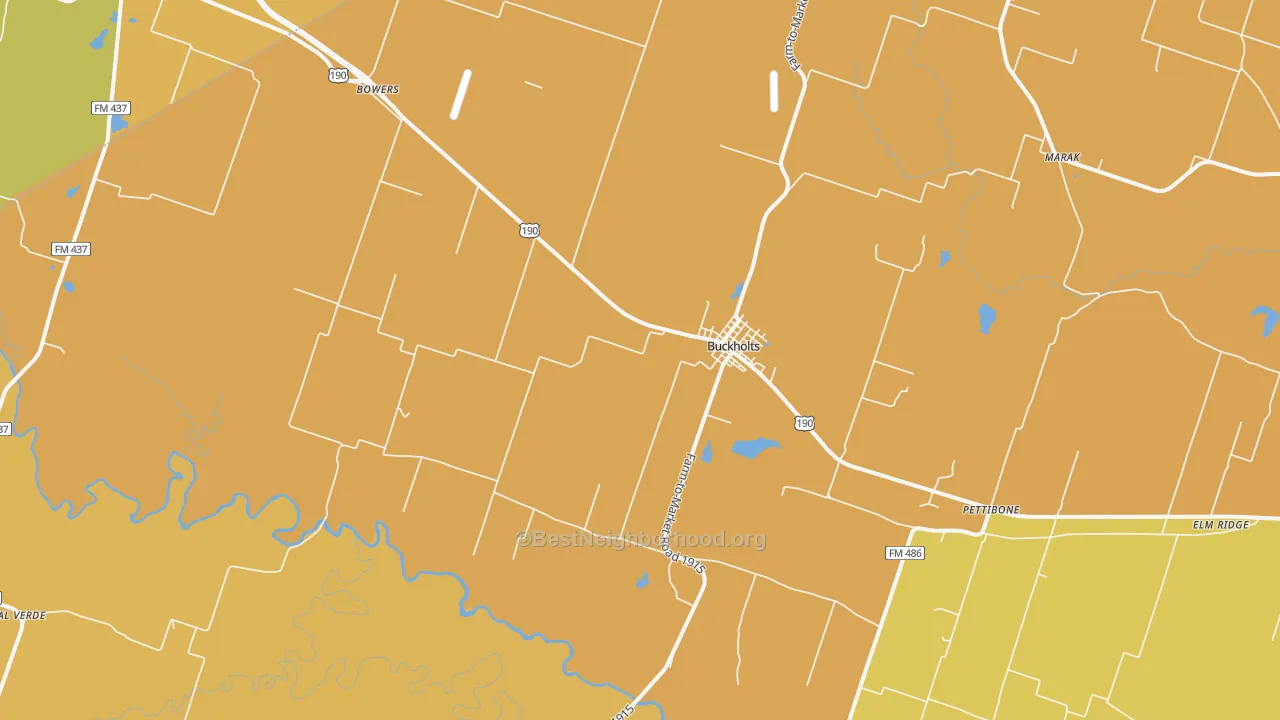 Map of the best neighborhoods in the Buckholts area, with better matches in green and worse matches in red