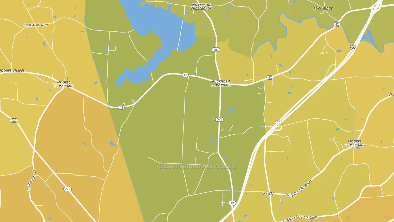 Map of the best neighborhoods in the Buckhorn Crossroads area, with better matches in green and worse matches in red