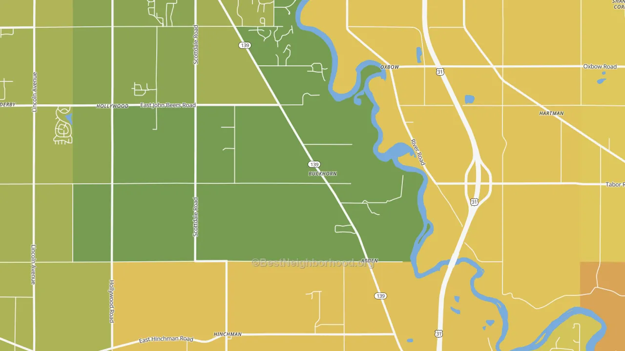 Map of the best neighborhoods in the Buckhorn area, with better matches in green and worse matches in red