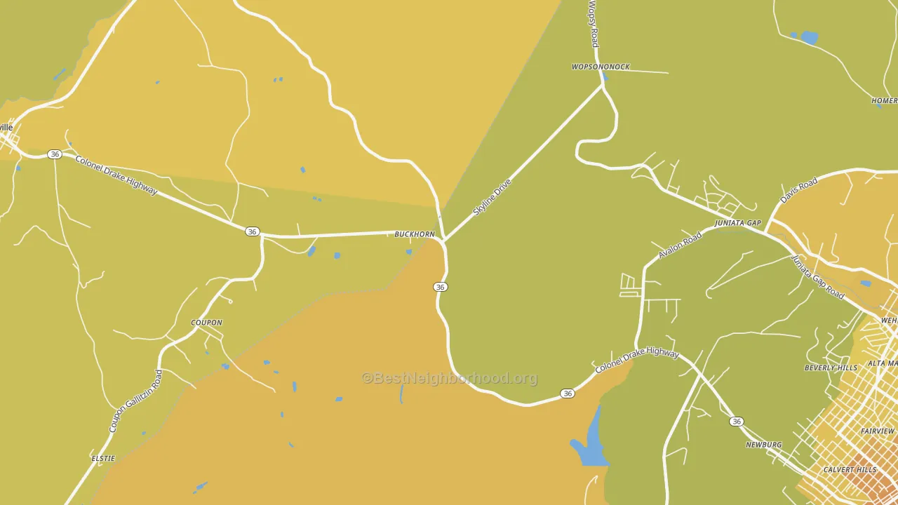Map of the best neighborhoods in the Buckhorn area, with better matches in green and worse matches in red