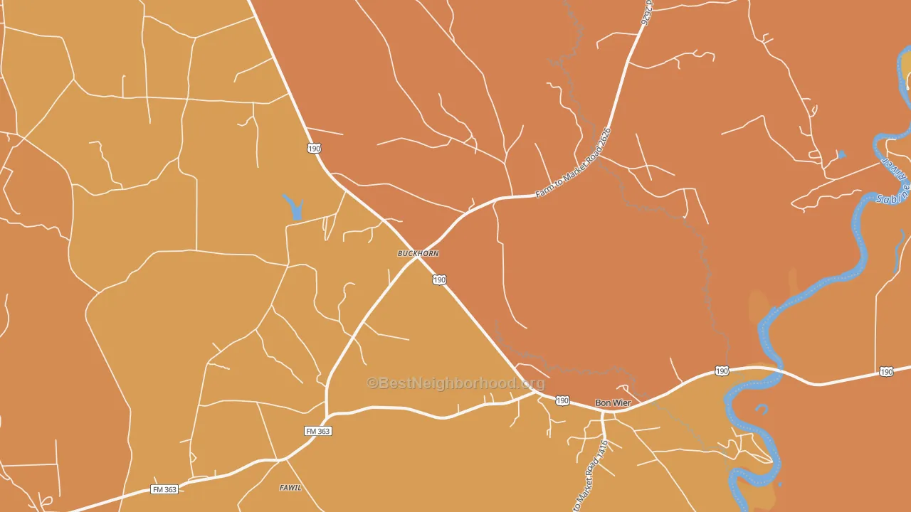 Map of the best neighborhoods in the Buckhorn area, with better matches in green and worse matches in red
