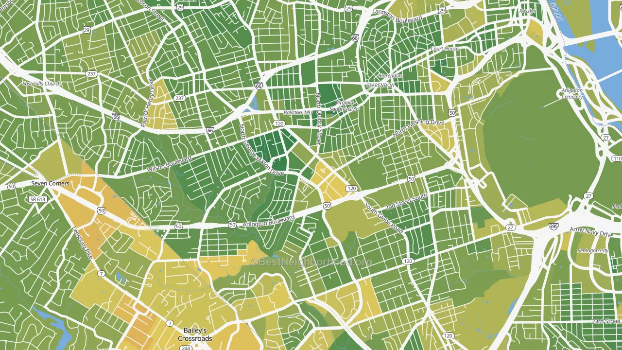 Map of the best neighborhoods in the Buckingham, Arlington area, with better matches in green and worse matches in red