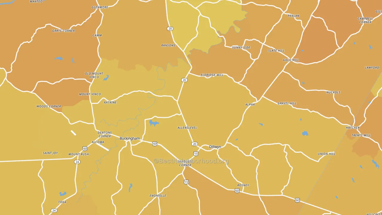 Map of the best neighborhoods in the Buckingham County area, with better matches in green and worse matches in red