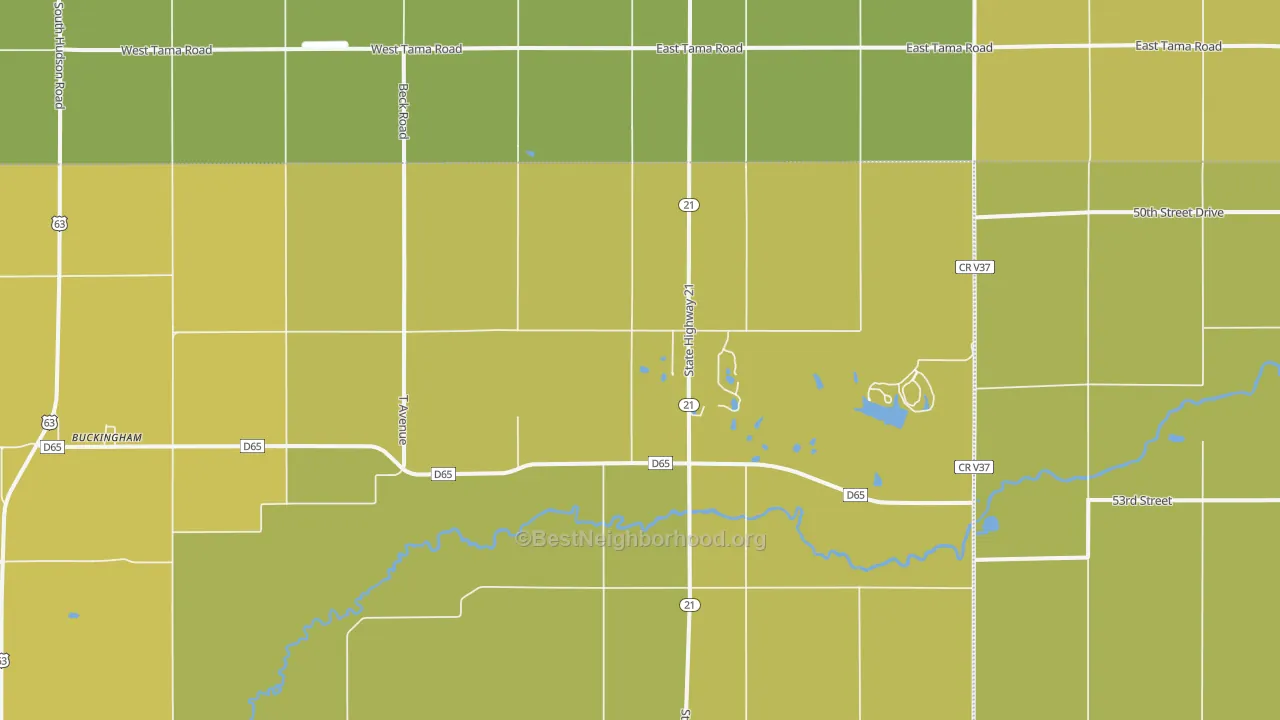 Map of the best neighborhoods in the Buckingham area, with better matches in green and worse matches in red